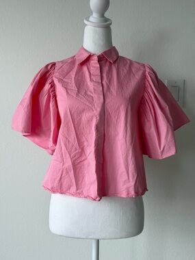 Zara Pink Puff Sleeve Button-Up Blouse